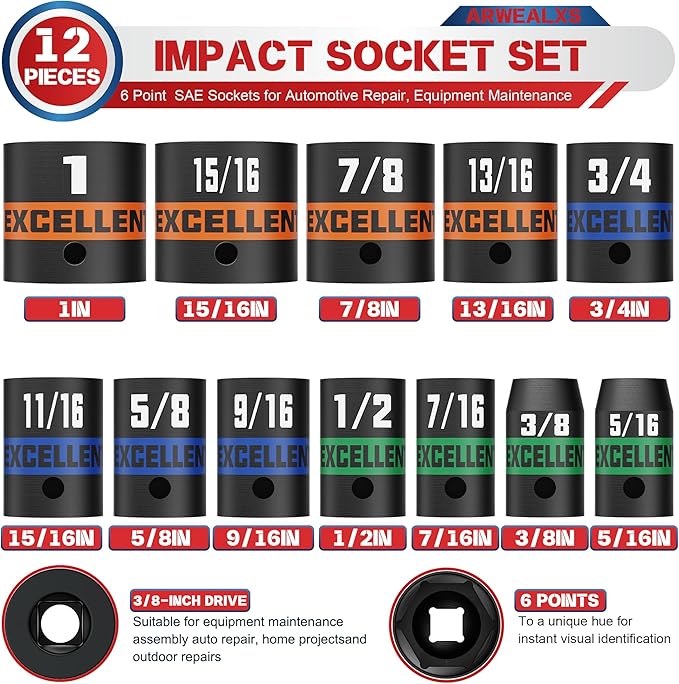 12 Pieces 3/8-Inch Drive Impact Socket Set, 5/16" to 1" Shallow Socket, 6 Point SAE Sockets for Automotive Repair, Equipment Maintenance