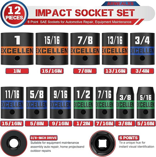 12 Pieces 3/8-Inch Drive Impact Socket Set, 5/16" to 1" Shallow Socket, 6 Point SAE Sockets for Automotive Repair, Equipment Maintenance