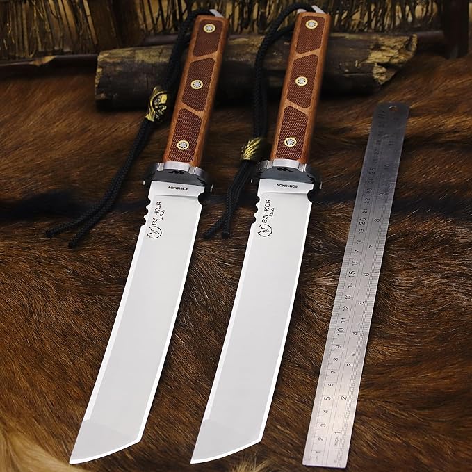 BA-KOR 7mm 9CR18MOV steel (15.6IN) sandalwood handle full Tang fixed knife+scabbard+(single shoulder strap)&(5.9IN) cerium igniter, suitable for outdoor hunting, camping, survival, EDC tool knife