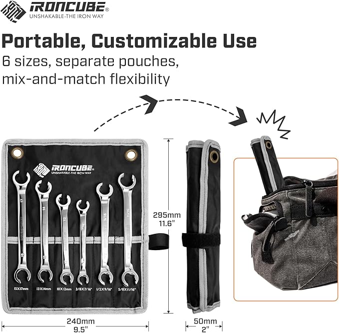 ironcube Flare Nut Wrench Set: 6-piece SAE & Metric Line Wrench Set for Removing or Replacing Nuts on Fuel, Brake or Air Conditioning Lines, Organizer Pouch Included