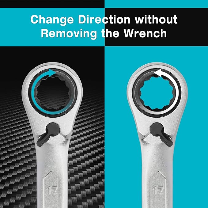 DURATECH 4-in-1 Reversible Ratcheting Box Wrench Set, Double Box End, Metric, 2-Piece, 8, 10, 12, 13 & 14, 15, 17, 19 mm, CR-V Steel, Matte Chrome Plated, with Rolling Pouch