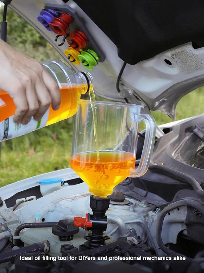 SMART JERRY - Spill-Proof Engine Oil Funnel Kit節쏰il Change Funnel w/ 12 Adapters & 2 Magnetic Adapter Organizer Boards節쏷ransparent Body w/Scale & Shut-Off Valve節쏹niversal Fit