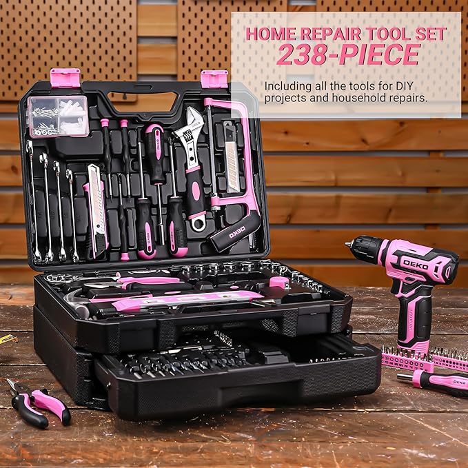 Pink Tool Kit Box Drill Set竊숧EKOPRO Home Mechanic Toolbox with 12V Power Cordless Drill Hand Repair Tools Sets Combo Kits Storage Organizer Drawer Case for Men & Women