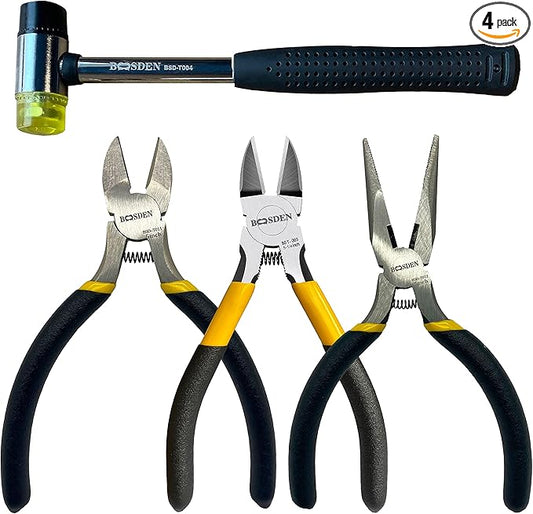 BOOSDEN 4-Piece Pliers Set Including 25mm Rubber Hammer, 5" Wire Cutters, 5" Needle Nose Pliers, 5" Diagonal Cutters For Basic Repair, DIY Projects and Home Maintenance