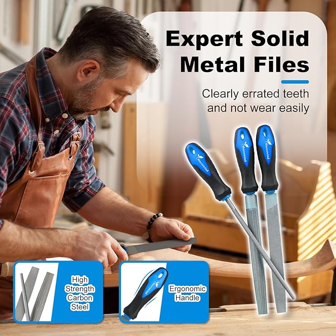 MORROWIND 3 Pcs Metal File Set, 8-Inch Carbon Steel Files with Flat, Half-Round, and Round Shapes, Heavy-Duty Hand Tools for Metal, Wood, Plastic and More, Blue
