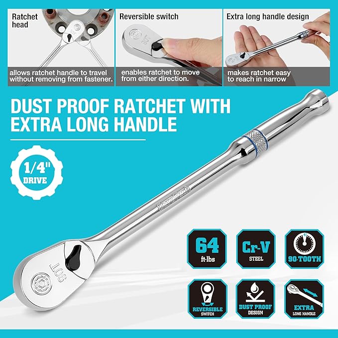 DURATECH Extra Long Handle 1/4-Inch Drive Ratchet, 90-Tooth Ratchet Wrench with 8" Handle and Dust Proof Teardrop Enclosed Head, Reversible, CR-V Steel Made, CR-MO Head, Full Polished, Gifts for Men