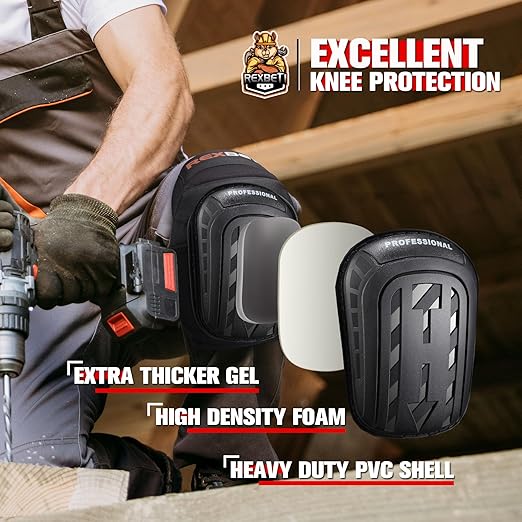 REXBETI Knee Pads for Work, Construction Knee Pads for Men, Heavy Duty Comfortable Anti-slip Foam Gel Knee Pads for Gardening Flooring and Cleaning, Strong Stretchable Straps, Black