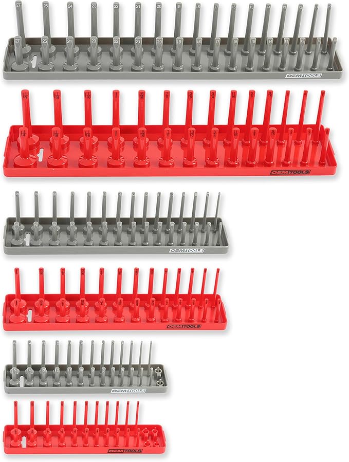 OEMTOOLS 22413 6 Piece SAE and Metric Socket Tray Set, SAE and Metric Socket Storage for Sizes 1/4", 3/8?? and 1/2" Drive, Socket Holders and Socket Organizer Tray for Toolbox, Red/Grey