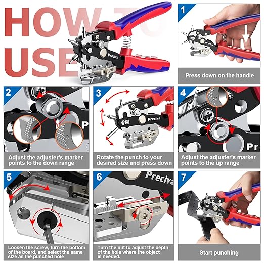 Preciva Hole Punch Plier, Revolving Punch Hole Tool with V-Shaped Cutting Edge Design, 6 Hole Sizes Used for Leather, Belts, Thin Iron Sheets, Paper Cards, Plastics, & Fabrics