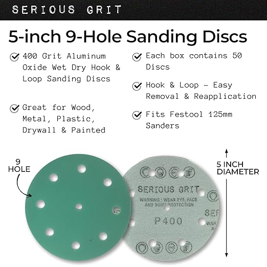 Serious Grit - 5-Inch 9-Hole 400 Grit Sanding Discs - Heavy-Duty Hook & Loop Film Discs - Sandpaper for Random Orbital Sanders - 50 Pack Box