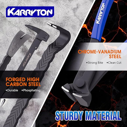 4-Piece Heavy-Duty Pry Bar Set ??12" & 10" Utility Claw Pry Bars, 15" Flat Pry Bar, 8" End Cutting Pliers | CR-V Steel Nail Puller Tool with Hammer-Function & Ergonomic Grip