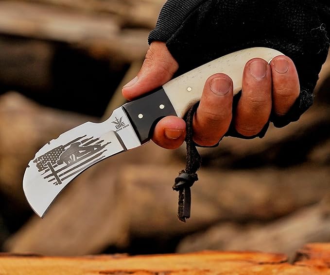 Handmade Stainless Steel Lineman’s Hawkbill knife with Leather sheath, Heavy Duty Utility Knife blade Electrician Wire Skinning knife for professional,