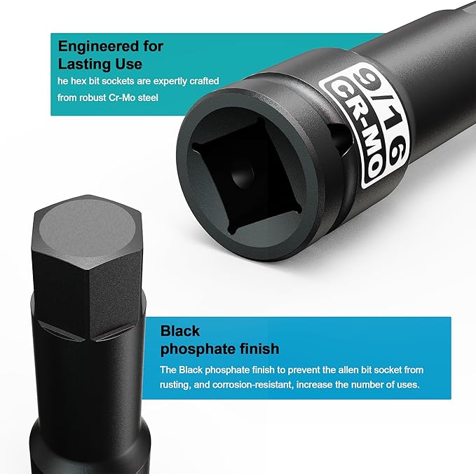 1/2" Drive H9/16-Inch Impact Hex Bit Socket, SAE Allen Bit Socket, Cr-Mo Steel, Removing Loosening Hexagon Bolts