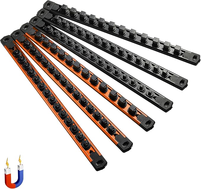 ALOANES 6-Piece Magnetic Socket Organizer, Heavy Duty Aluminum Socket Rails Organizer, 360째 Swivel Clips Socket Holder Kit for Tool Box, 1/2, 3/8, 1/4-Inch Socket Holder x 80 Clips (Black&Orange)