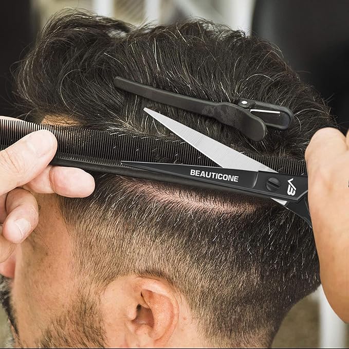 BEAUTICONE 짰 Hair Cutting Scissors - High Carbon SS 6.5" Professional Barber-Grade Salon Shears with Serrated & Razor Edge - Black Premium Gift Box with Leather Pouch & Extra Accs - Ultra Lightweight