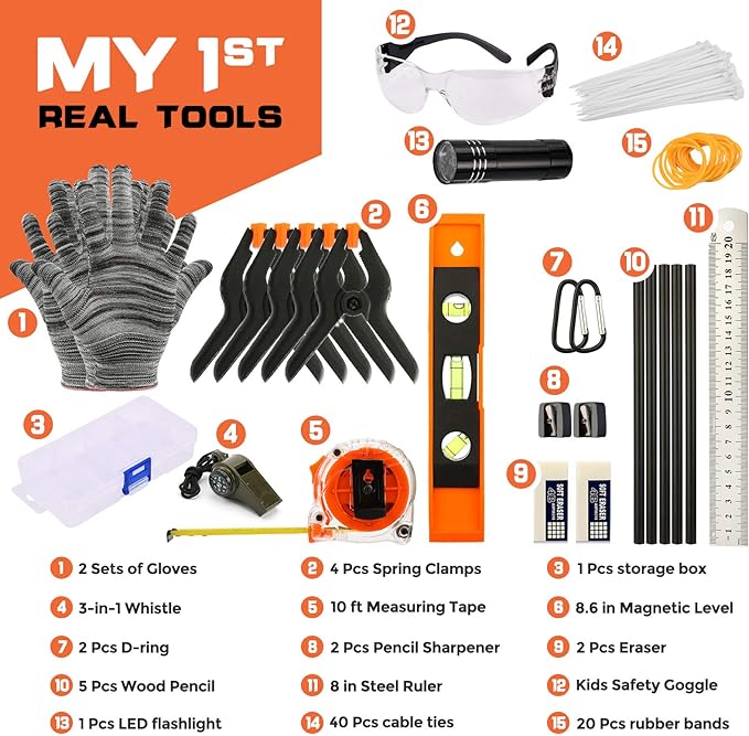 INCLY 95 PCS Kids Real Tool Set, Boys Small Real Hand Tools Kit, Children Construction Learning Tools Hammer Screwdriver for Home DIY Building and Woodworking,Come with Tool Belt & Bag