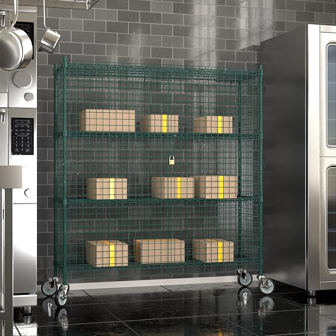 Commercial Grade NSF Listed Metal Wire Mesh Storage Green Epoxy Mobile Security Cage Kit, 18" x 60" x 70", Perfect for Warehouse, Walk-in Refrigerator, Freezer, Grocery Store, Restaurant, Dishroom