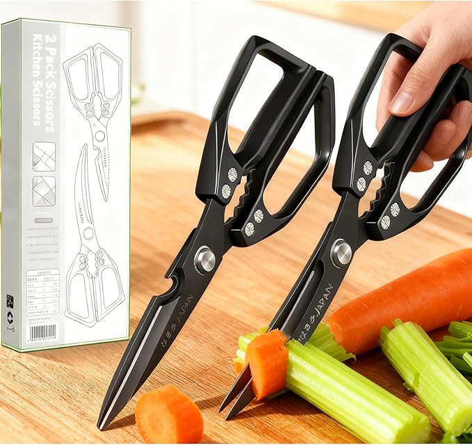 2-Piece Heavy Duty Kitchen Scissors Professional Stainless Steel Meat & Poultry Shears for Cutting Chicken Bones with Ergonomic Comfort Grip, Dishwasher Safe Cooking Scissors for Kitchen & BBQ Black