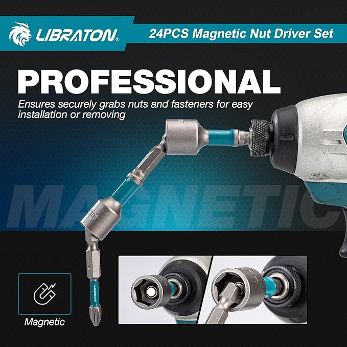 LIBRATON 24PCS Magnetic Nut Driver Set, Impact Drill Driver Bit Set 1/4", Metric and SAE Nut Drivers for Impact Drill, Impact Socket Adapters, Bit Holder, Screwdriver Bits, with Toolbox