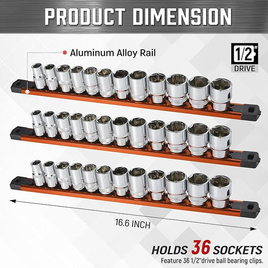 ALOANES 3-Piece Magnetic Socket Organizer, Heavy Duty Aluminum Socket Rails Organizer, 360째 Swivel Clips Socket Rail Set For Sockets Storage, 1/2-Inch Socket Holder x 36 Clips (Orange)