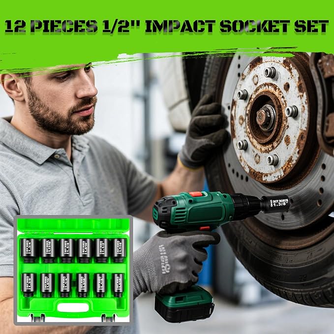 1/2"12-Piece Extended Drive Impact Socket Set, Deep SAE Spindle Axle Nut Impact Socket Set, Cr-Mo, 1-1/16, 1-1/8, 1-3/16, 1-1/4, 1-5/16, 1-3/8, 1-7/16, 1-1/2, 1-9/16, 1-5/8, 1-11/16, 1-3/4 Socket