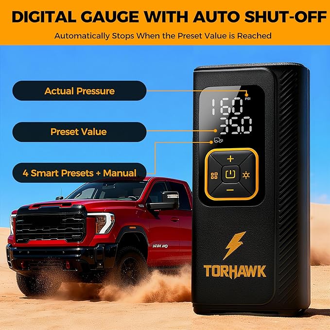 Dual Power Tire Inflator Portable Air Compressor - 5X Faster 160 PSI Cordless Air Pump for Car Tires, Truck, SUV - 7500mAh & 12V DC Powered with Digital Gauge, LED Light & Auto Shut-Off, With Case
