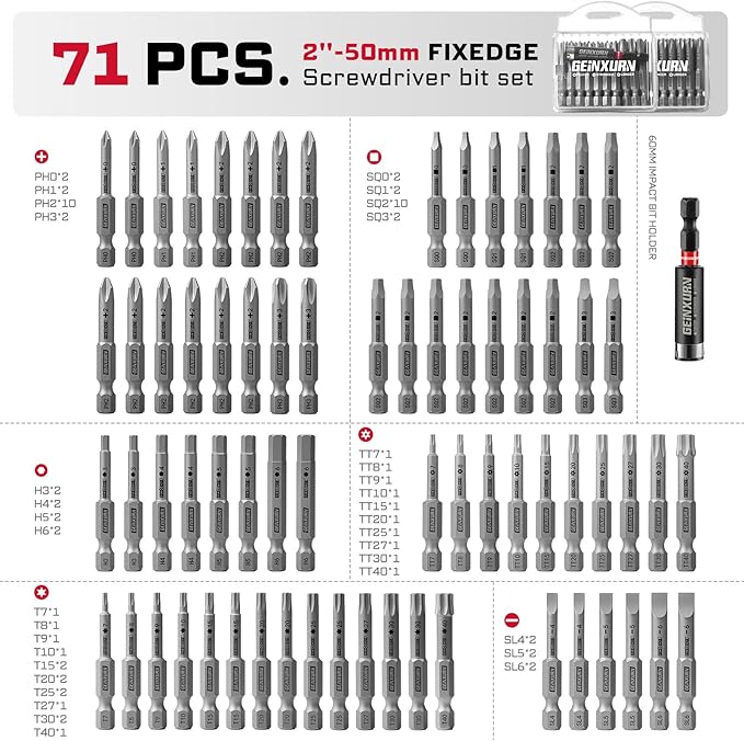 71Pieces Fixedge Screwdriver Bit Set, 2 inches Magnetic Alloy Steel Phillips/Slotted/Square/Torx/Hex/Security Torx Insert Power Bits Tips with Impact Bit Holder and Portable Storage Cases