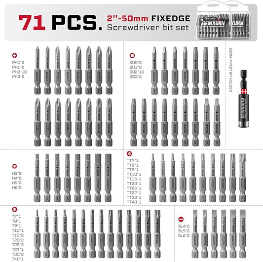 71Pieces Fixedge Screwdriver Bit Set, 2 inches Magnetic Alloy Steel Phillips/Slotted/Square/Torx/Hex/Security Torx Insert Power Bits Tips with Impact Bit Holder and Portable Storage Cases