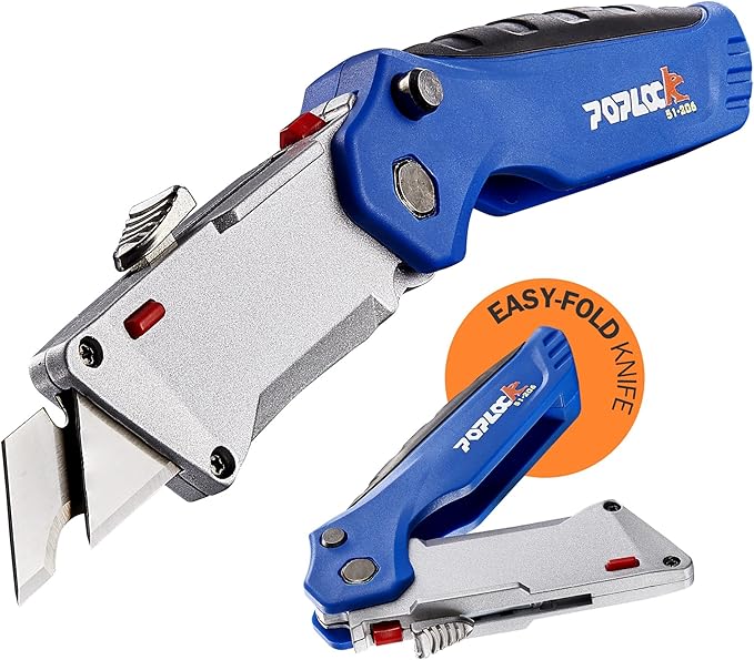 POPLOCK Folding Utility Knife with Patented K-Hook Blade & Notch Razor ??Dual Blade Retractable Box Cutter for Roofing, Drywall, Carpentry & Multi?멇ngle Cutting