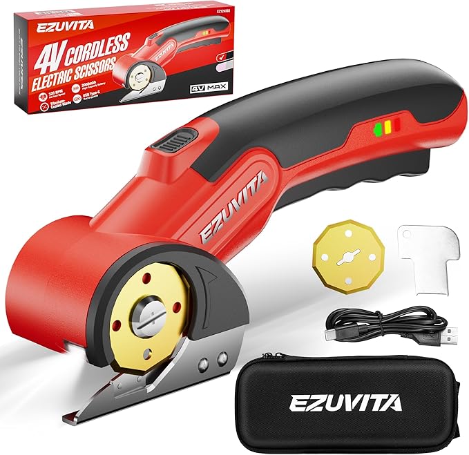 4V Cordless Electric Scissors with LED Light, Rechargeable Cardboard Box Cutter, Wrench, Storage Bag & Titanium-Coated Replacement Blade for Fabric, Leather, Carpet & Plastic(Red & Black)