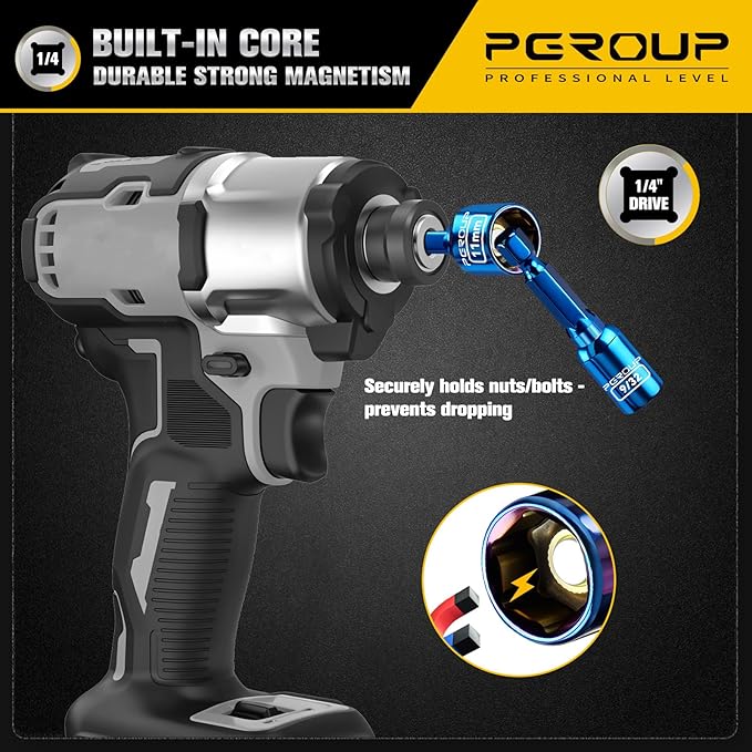 18 PCS Impact Magnetic Nut Driver Set, Metric & SAE Impact Driver Bit Set, 1/4 Inch Hex Shank Drill Socket Set, Nut Driver Set For Impact Drill