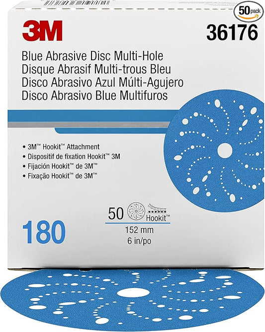 3M Hookit Blue Abrasive Disc 321U Multi-Hole, 36176, 6 in, 180, 50 Discs