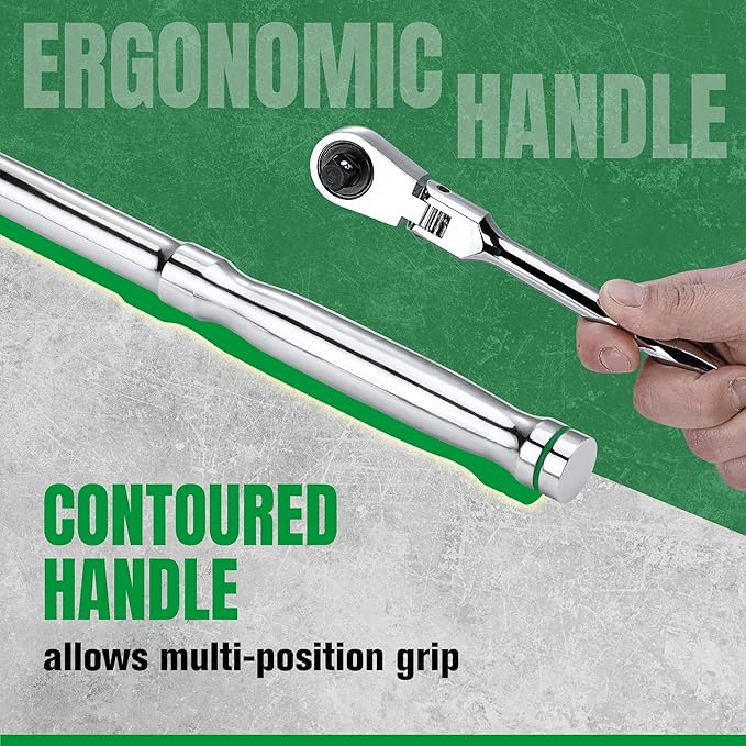 SK 1/2" Drive Flex Head Ratchet Handle, 90-Tooth Ratchet, Premium CR-V Construction, Reversible Design, with Contoured Handle