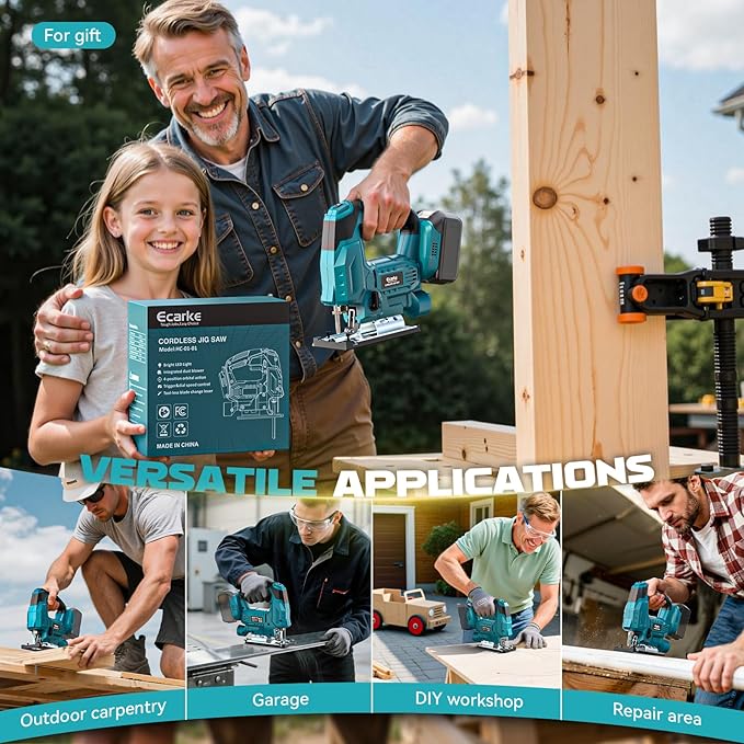 Ecarke Cordless Jig Saw Compatible With Makita 18V Battery (Only Tool), 4 Orbital Sets, 6 Variable Speeds Control, Dust-Blowing, ±45° Bevel Cuts, LED Light and 6PCS Blades For Cutting