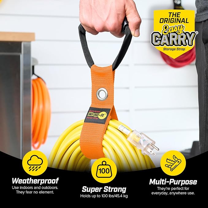 Easy-Carry Wrap-It Storage Straps - 17??(2-Pack) Blaze Orange with Grommet - Extension Cord Hanger Carrying Straps for RV Accessories
