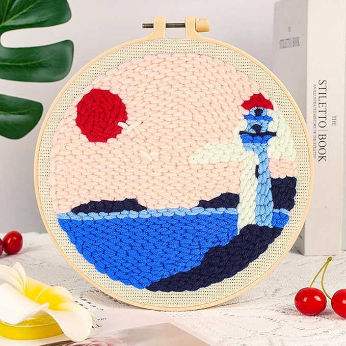 Woohome Punch Needle Kit Included Plastic Hoops, Punch Needle Cloth, Color Yarn and Punch Needle Tools for Adults, Beginners (Lighthouses, Sailboats, Blue Sky)