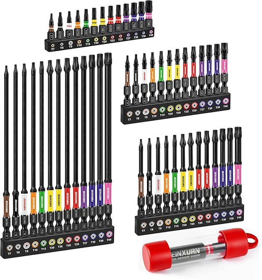 Impact Torx Screwdriver Bits Set, 52Pcs Magnetic(T7-T40) S2 Steel 1??2??3??6??Long Extension Multi Star Driver Bits and 1Pc Bit Holder with Color Coded Base