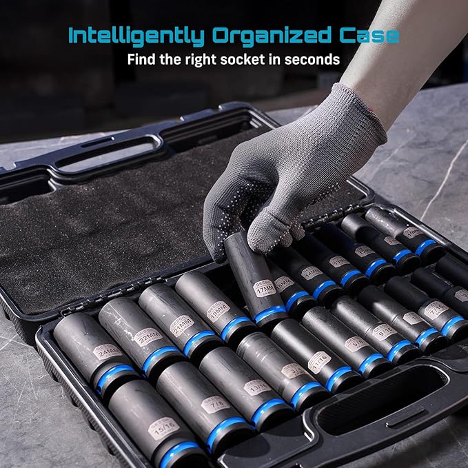 1/2" Drive Deep Impact Socket Set, SAE & Metric Sockets (5/16"-15/16" & 10-24mm), Professional CR-MO Steel, 6-Point for Impact Wrench, Automotive & Truck Repair Tool Kit