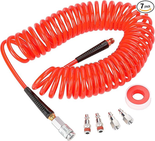 Hromee 1/4 in x 30 ft Polyurethane Recoil Air Compressor Hose with Bend Restrictors Compressor Hose with 1/4" Industrial Universal Quick Coupler and 4PCS I/M Plug Kit, Red