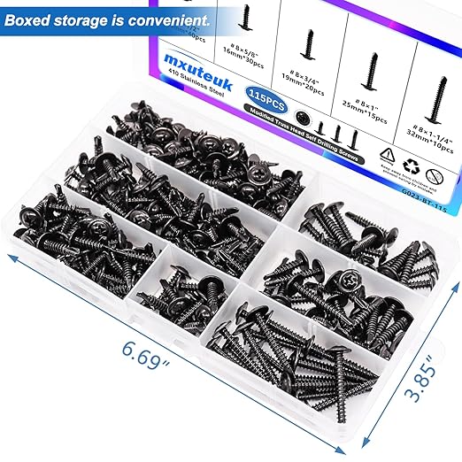 mxuteuk #8 Self Tapping Screws,410 Stainless Steel Self Tapping Screws for Metal,Modified Truss Head Self Drilling Screw (1/2",5/8",3/4",1",1-1/4") Sheet Metal Screw for Metal (115PCS)