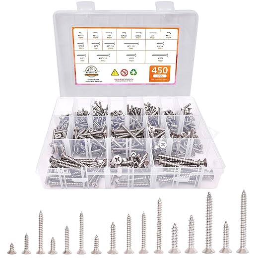 450-Piece Stainless Steel Wood & Sheet Metal Screw Assortment ??#4 to #12 Phillips Flat Head Self-Tapping Screws (1/4" to 2")