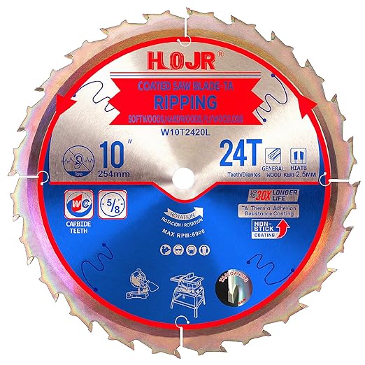Circular Saw Blade Woodworking TA Series,10" 24-Tooth Arbor: 5/8", Ripping Wood Cutting Saw Blade,Special Anti-Thermal Adhesion Coating on Cutting Head -TA,High Finish, Long Life,10" 24T TA