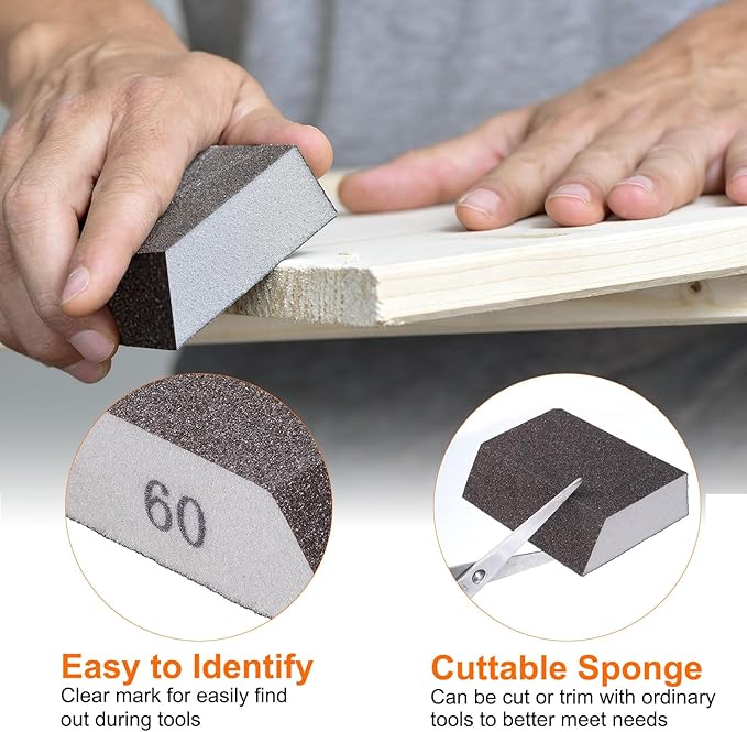HARFINGTON 4pcs Sanding Sponge Blocks 120-180 Grit Sanding Sponge with Angled Edge 4"x2.8"x1", Washable and Reusable Foam Sanding Block for Polishing Kitchen Metal Wood Drywall Home