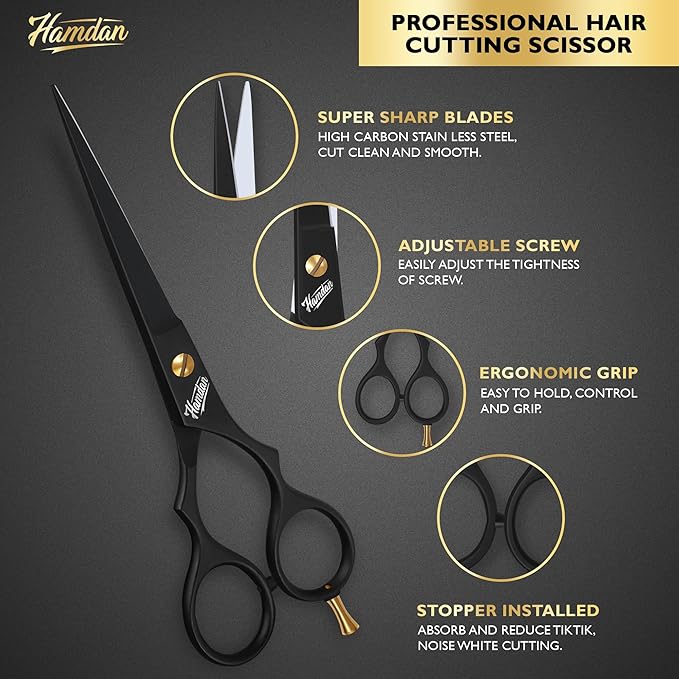 Hamdan 6.5??Matte Black Hair Scissors, Barber Shears for Men, Women & Kids ??Ultra-Sharp Professional Hair Cutting Scissors with Pouch, Precision Haircut for Salon & Home - Tijeras De Peluqueria