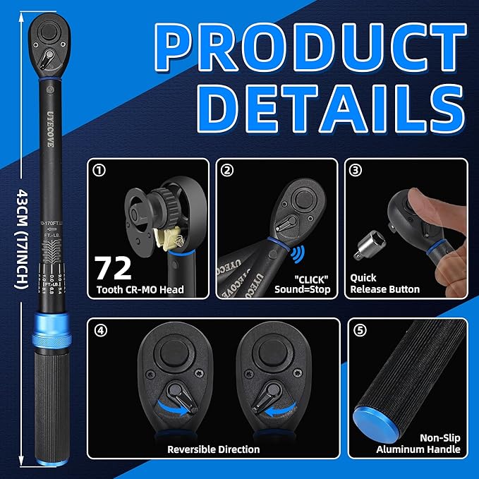 UYECOVE 1/2-Inch Drive Click Torque Wrench, Dual-Direction Click Professional Torque Wrench 10-170FT.LB/13.6-230.5N.M, Dual Range Scales Graduated in FT.LB and N.M, Blue