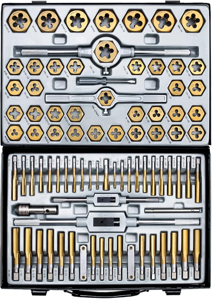 86-Piece Master Tap and Hex Die Set, Premium Titanium Coating | SAE Size #4 to 5/8?? Metric Size M3 to M16 | For All Coarse, Fine, Pipe Threads | Complete with Holders, Stocks, Gauges and Metal Case