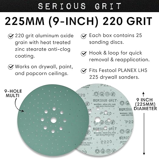 Serious Grit - 225mm 9-Hole 220 Grit Drywall Sanding Discs - Fits Festool Planex LHS 225 Sanders - Heavy-Duty Hook & Loop Film Abrasives - Dust-Free Multi-Hole Drywall Sander Sandpaper - 25 Pack