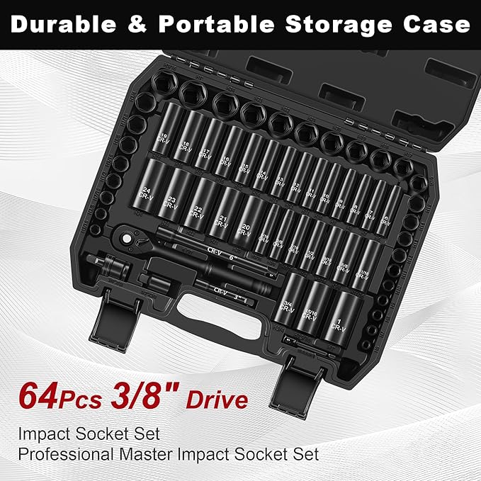 Aloanes 3/8" Drive Impact Socket Set, 64-Piece Deep & Shallow SAE (5/16"-1") & Metric (6mm-24mm) Sockets, 72-Tooth Ratchet Wrench, Universal Joint&Power Drill Adapter&Extension Bars