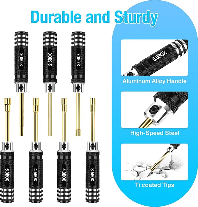 7pcs Hex Nut Screwdriver Set, Hexagonal Head Nut Driver Set, Durable Hex Socket Set RC Tools Kit with Replaceable Tips (2.0-5.0) mm for RC Car Truck Hobby Repair
