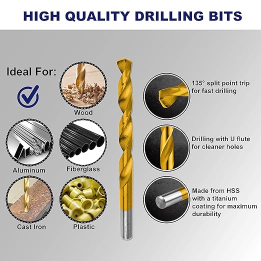 276pc Titanium Twist Drill Bit Set with S2 Bits 135째 Tip High Speed Steel, Size from 1/16" up to 1/2", Ideal in Wood Cast Iron Aluminum Alloy Plastic Fiberglass, Clear Lid Case